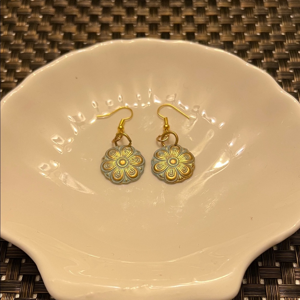 Hand Crafted Gold and Green Flower Earrings